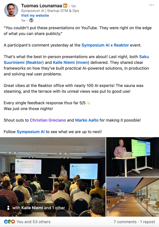 A LinkedIn post of the Symposium AI event at Reaktor's premises