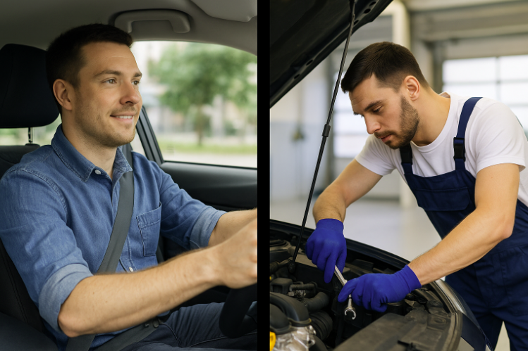 A picture with a car driver to the left and a car mechanic to the right