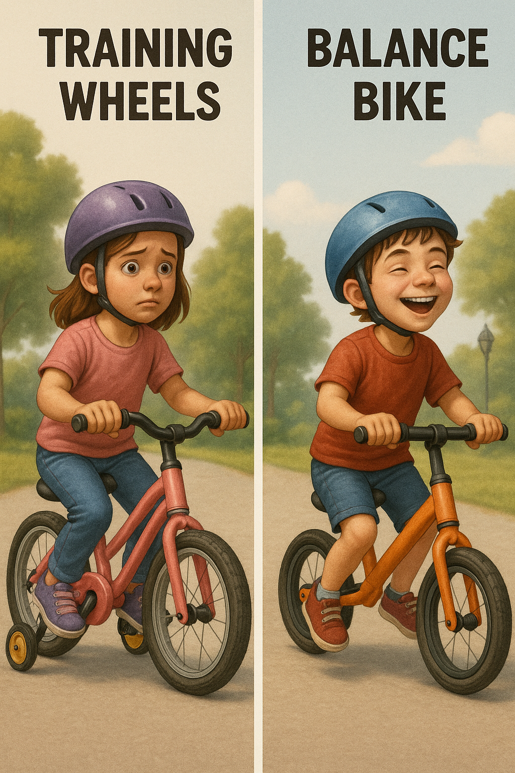 Two kids riding bikes, one with training wheels and another in a pure balance bike with no training wheels