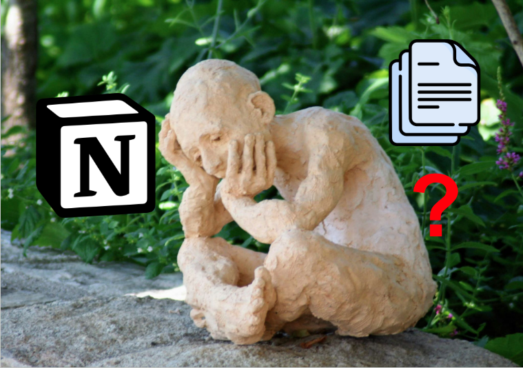 A small statue of a sad man who lost access to his documents in Notion