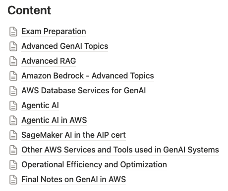 Table of Contents of my Study Notes for AWS AIP-C01