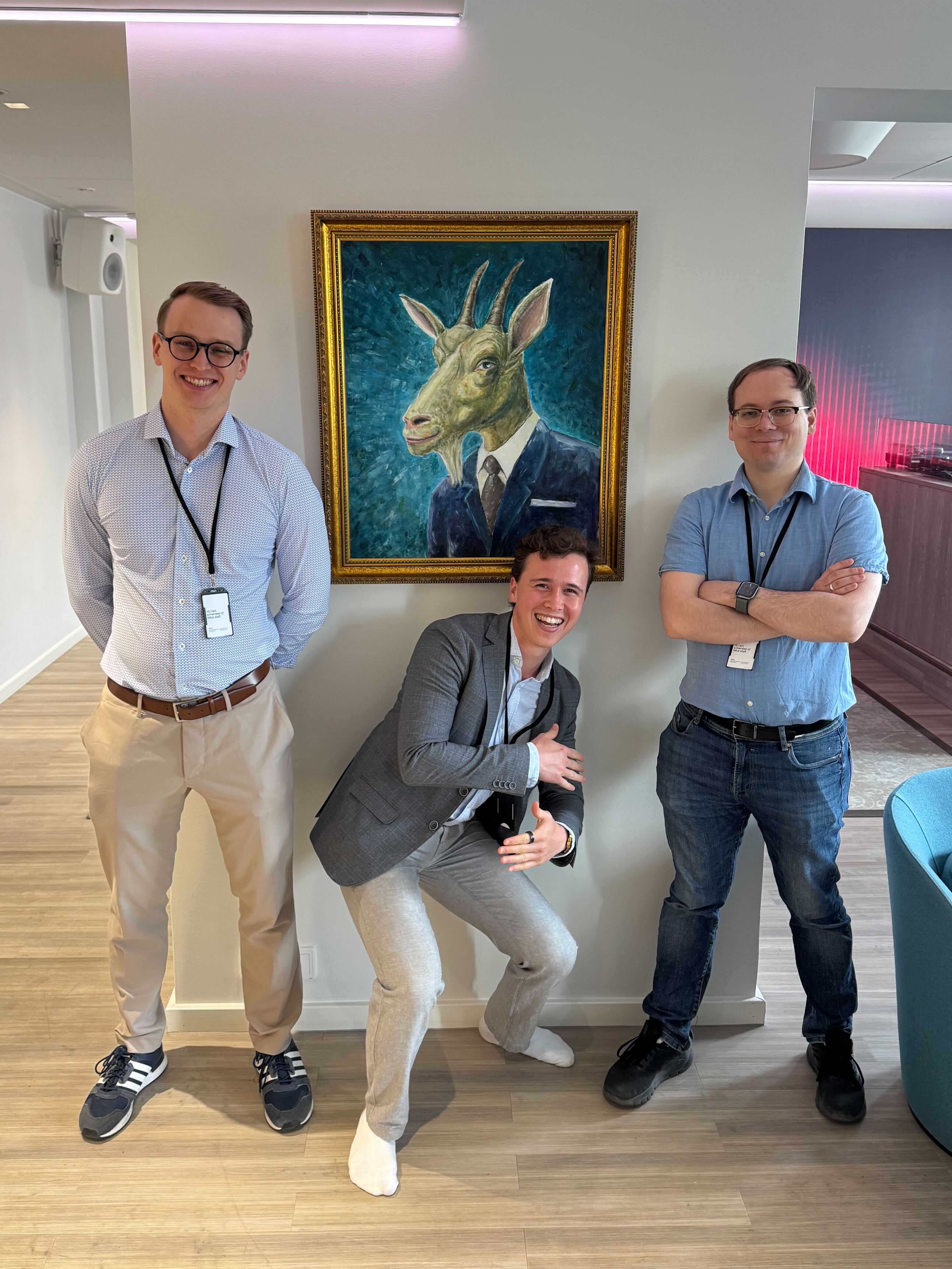 A photo of my colleageus Antti, Amir, and I on our first day at Nitor